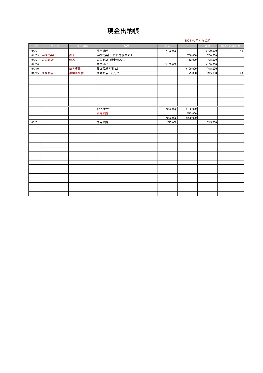 現金出納帳無料Excelテンプレート